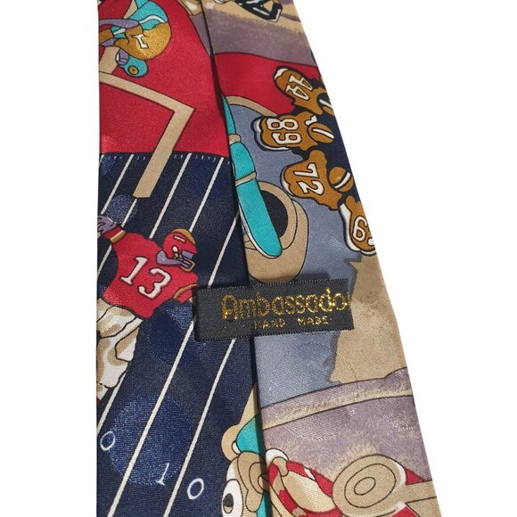 Ambassador Mens Hand Made Novelty Sports Print Tie Vibrant Multicolor Football - Picture 4 of 5